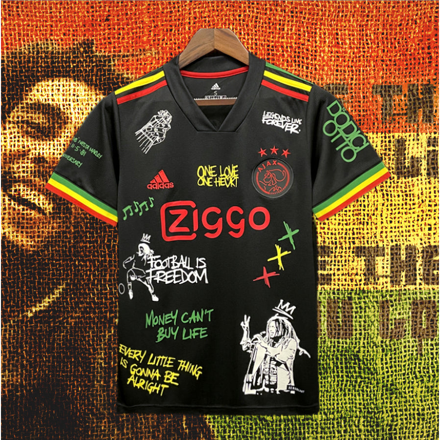 Special edition Ajax Bob Marley jersey, featuring unique design elements inspired by Bob Marley, perfect for fans and collectors.