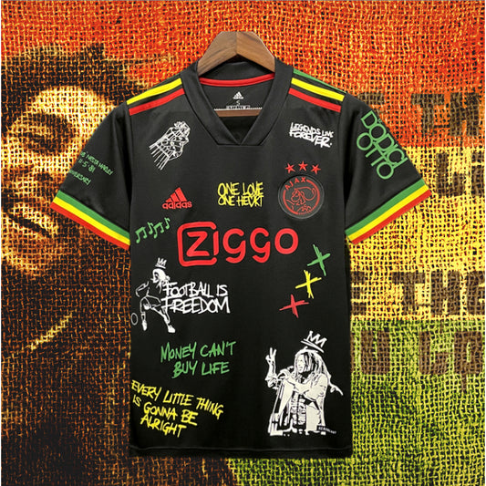 Special edition Ajax Bob Marley jersey, featuring unique design elements inspired by Bob Marley, perfect for fans and collectors.