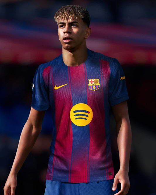 Official FC Barcelona 2025/26 Home Jersey by Nike featuring blaugrana stripes, club crest, and Spotify sponsor –worn by Lamine Yamal, Raphinha, Lewandowski and Pedri
