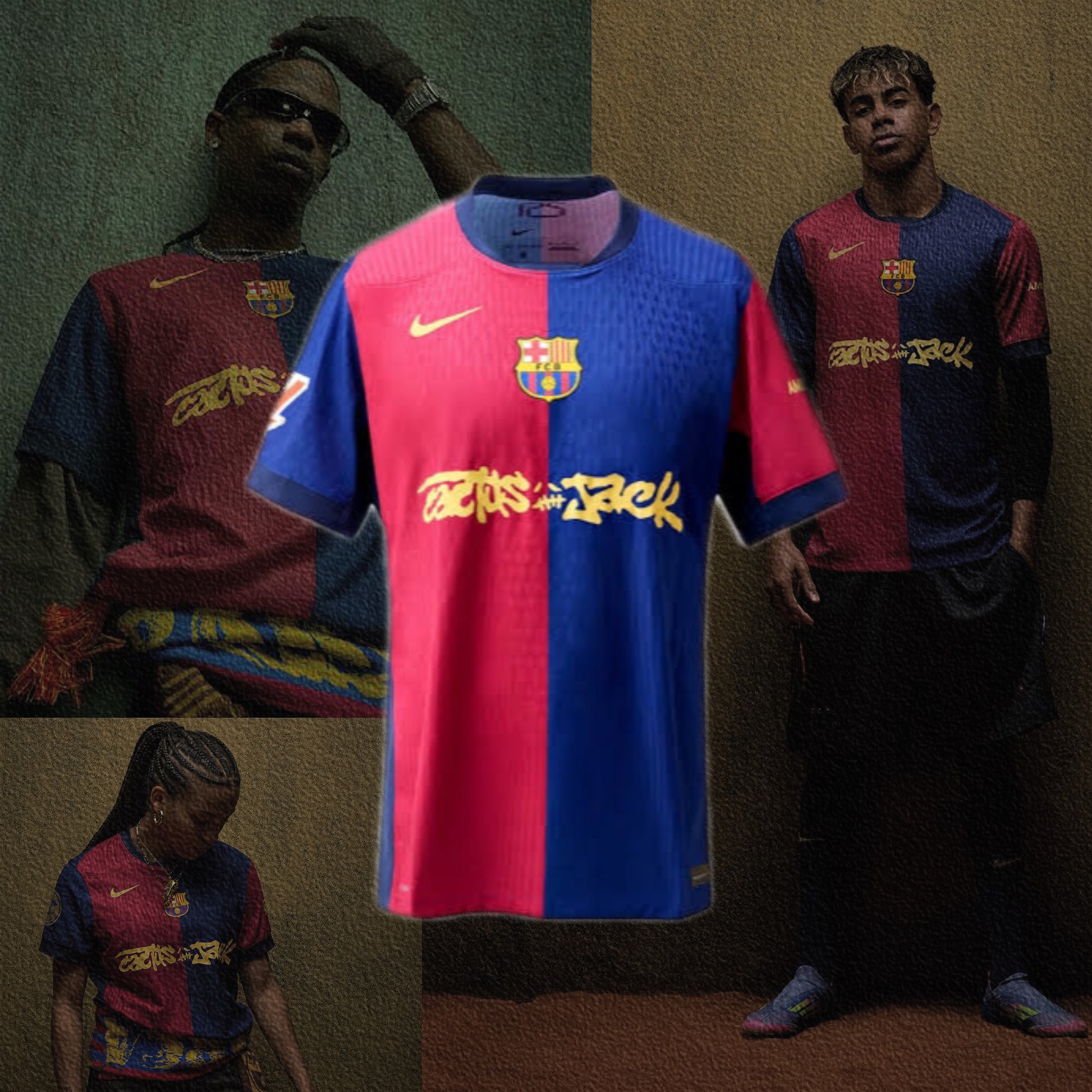 FC Barcelona x Travis Scott limited edition jersey featuring dark tones, Cactus Jack branding, and official club crest