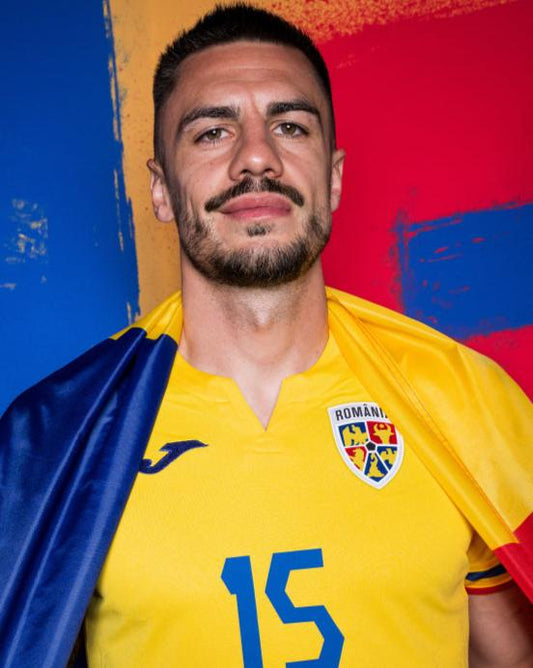 Vibrant yellow Romania Home Euro 24 Jersey by Antica, showcasing high-quality fabric and official Euro 2024 design, perfect for Romanian football fans.